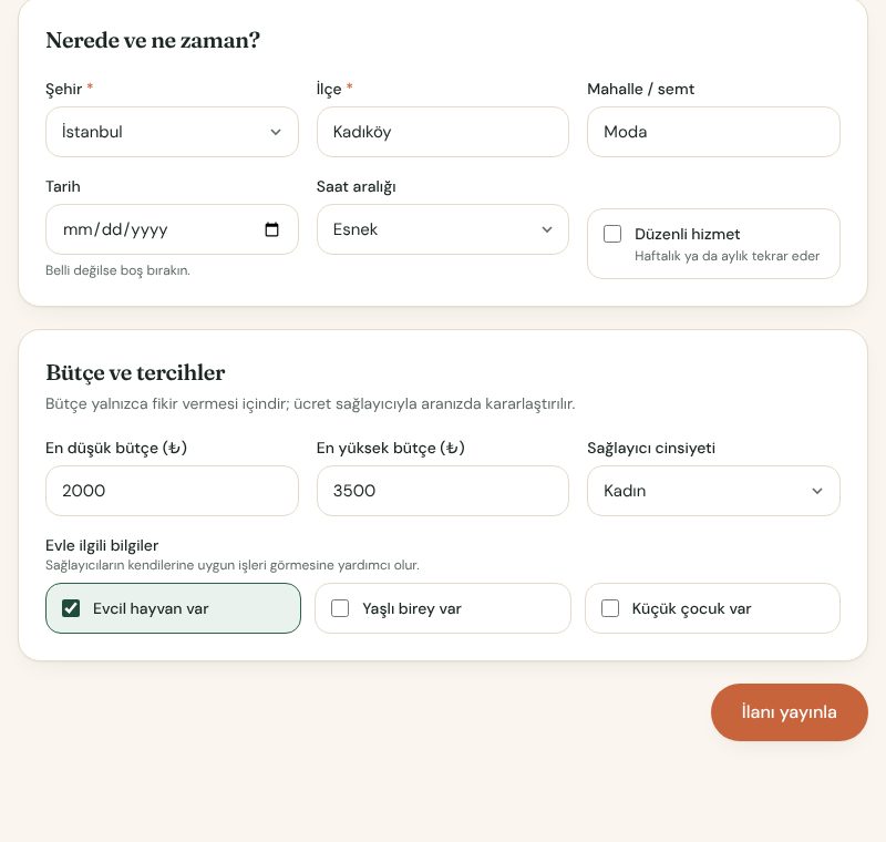 İlan oluşturma formu, konum, zaman ve bütçe bölümleri