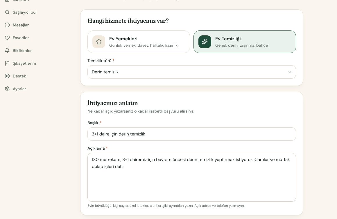 İlan oluşturma formu, hizmet türü ve açıklama bölümleri