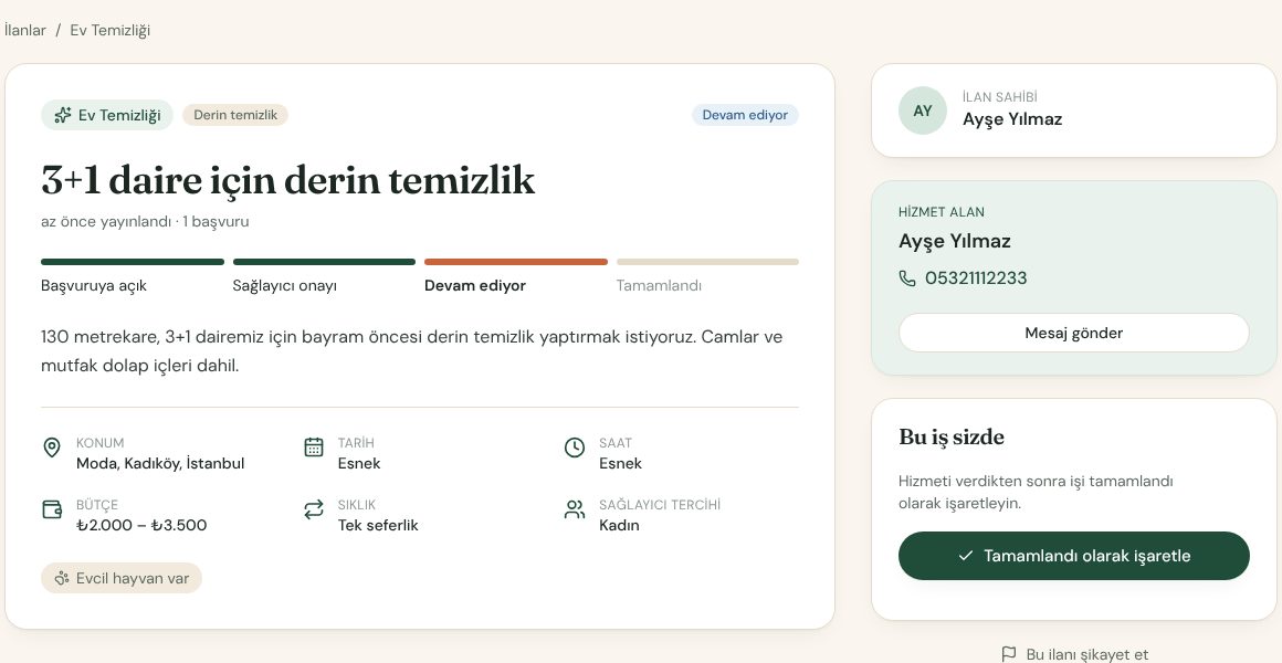 Devam eden iş, hizmet alanın telefonu görünüyor