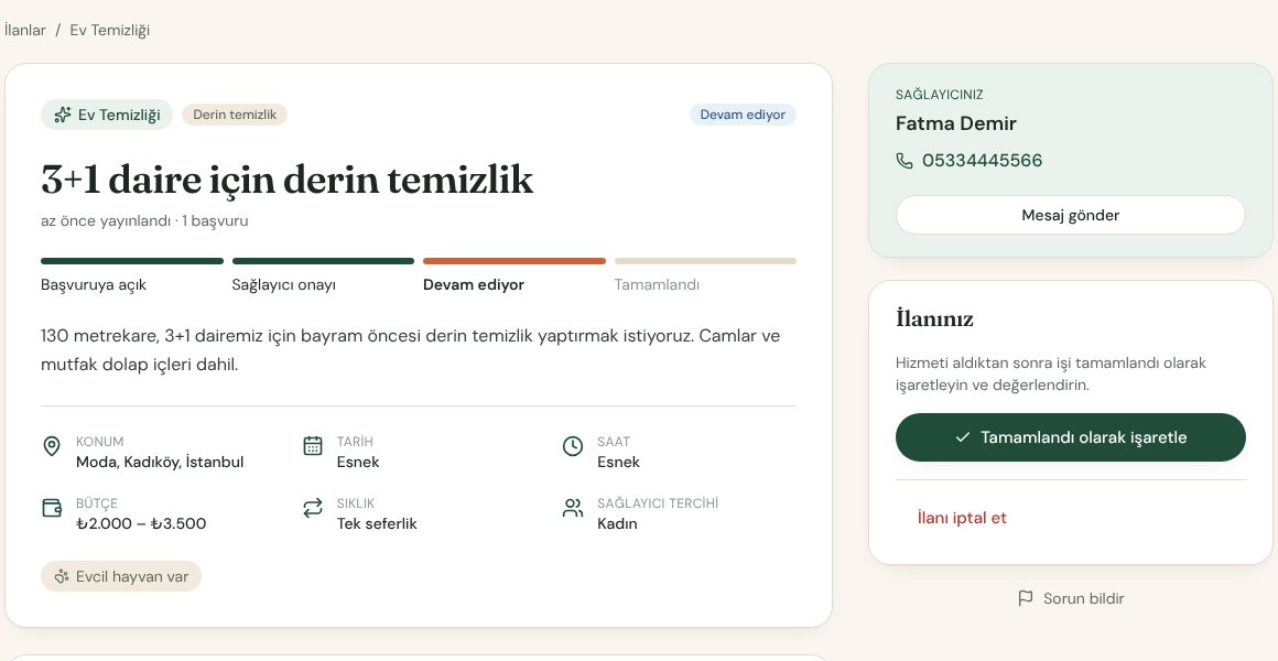 Devam eden iş, sağlayıcının telefonu görünüyor