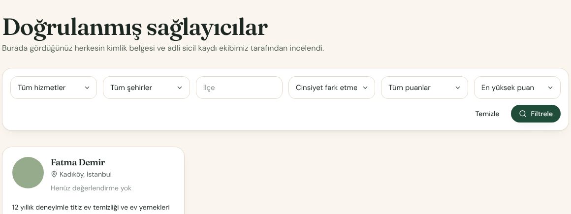 Doğrulanmış sağlayıcılar listesi ve filtreler